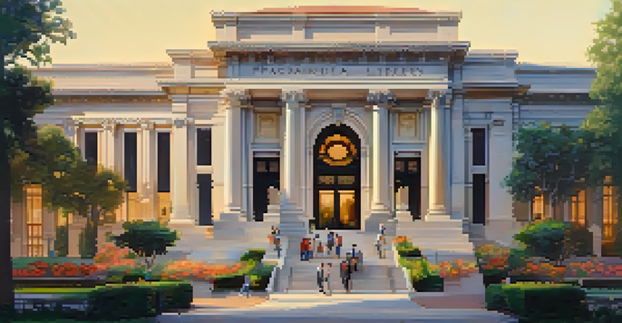 A beautiful historic library entrance with lush greenery and people entering during golden hour.