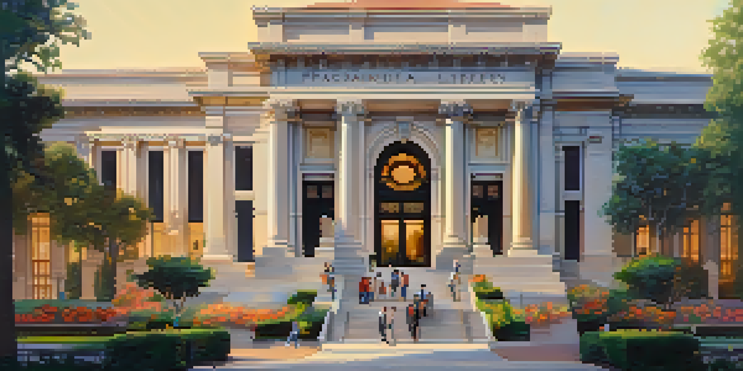 A beautiful historic library entrance with lush greenery and people entering during golden hour.