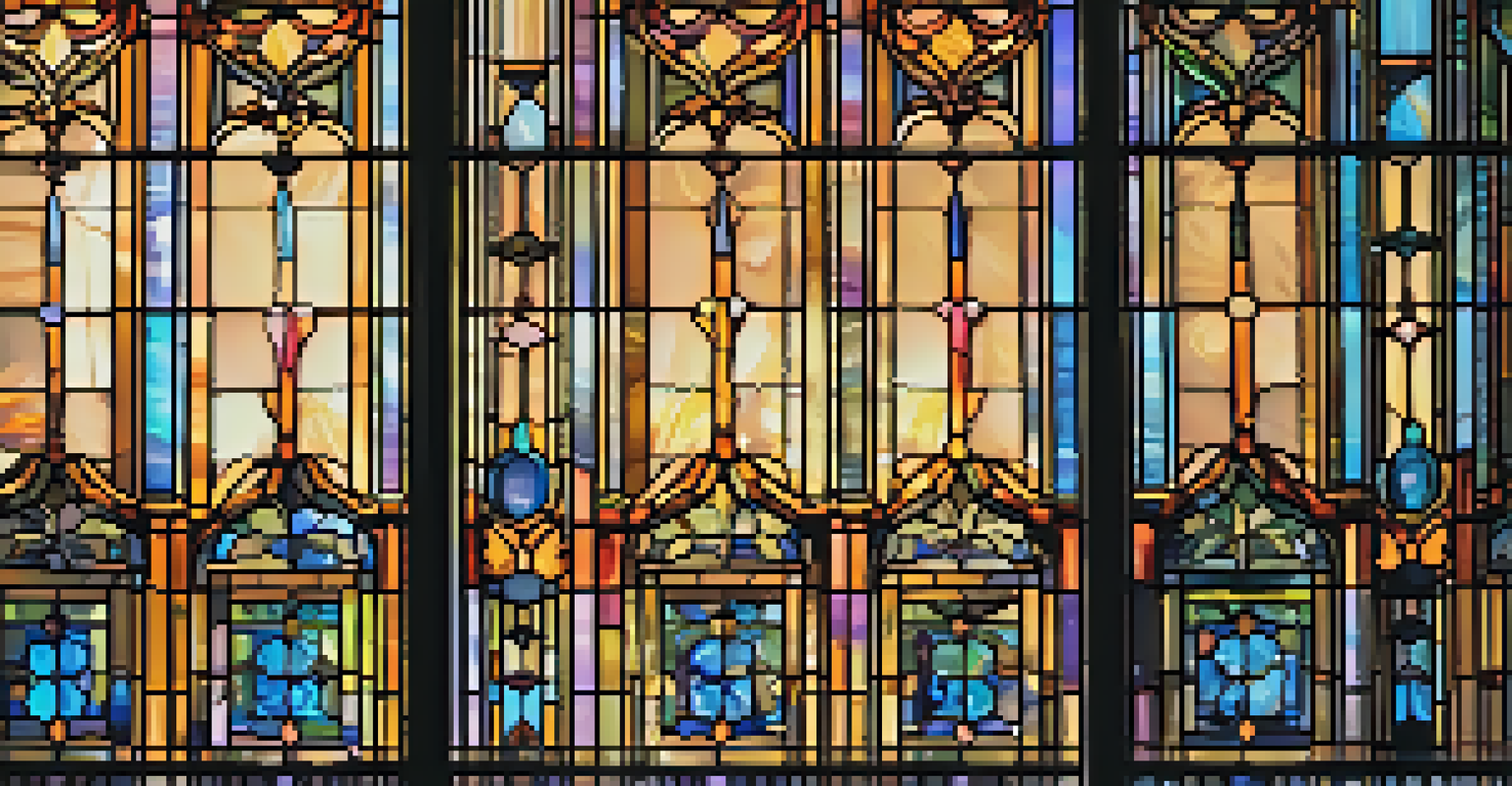 A close-up of a stained glass window in a Victorian home, displaying intricate patterns and colorful reflections.