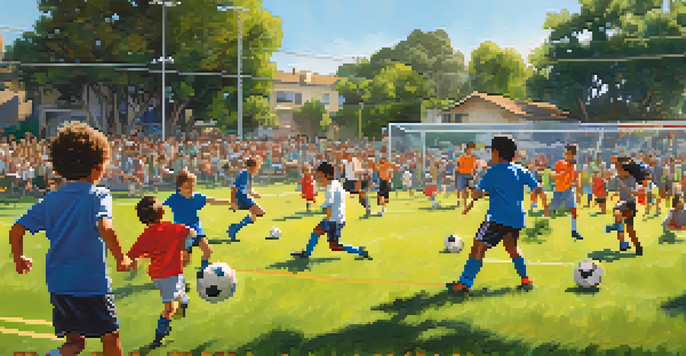 A lively sports event with children playing soccer, families cheering, and colorful cultural banners in Pasadena.