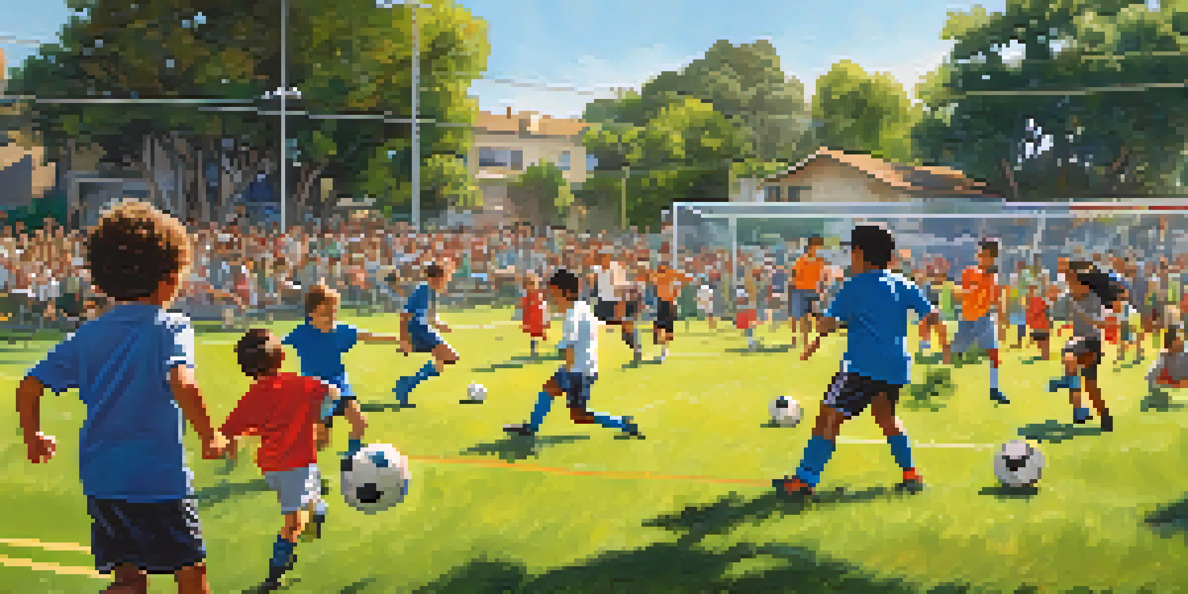 A lively sports event with children playing soccer, families cheering, and colorful cultural banners in Pasadena.
