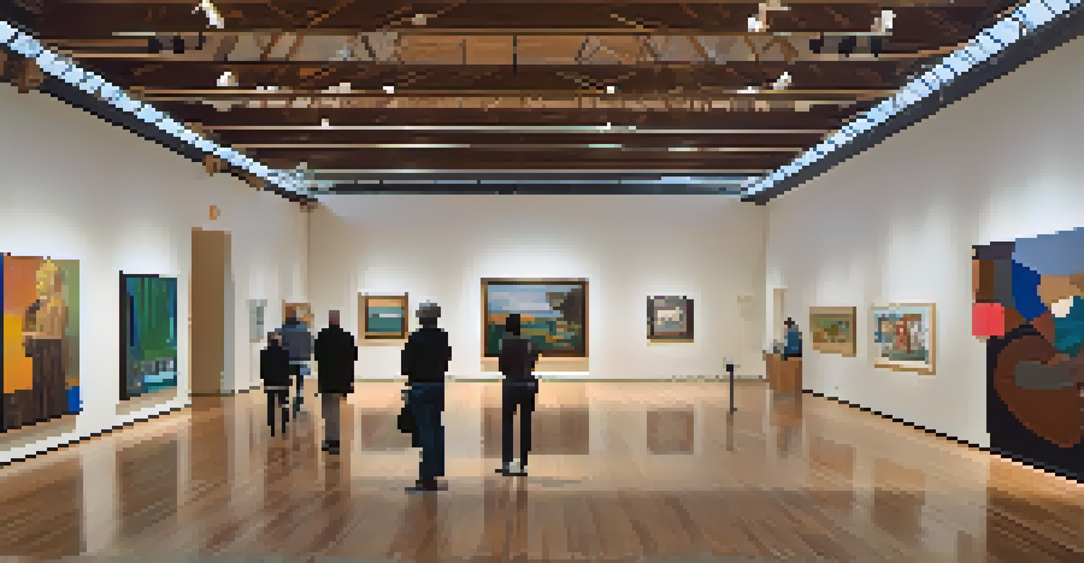 A bright gallery inside the Armory Center for the Arts in Pasadena, showcasing various contemporary art pieces and visitors exploring them.