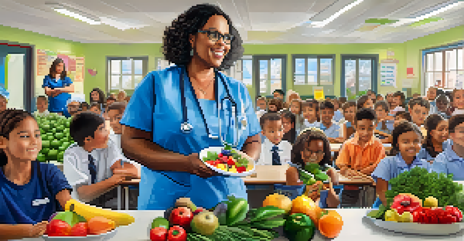 A healthcare provider teaching healthy eating habits to children in a school, with fresh fruits and vegetables displayed on a desk.