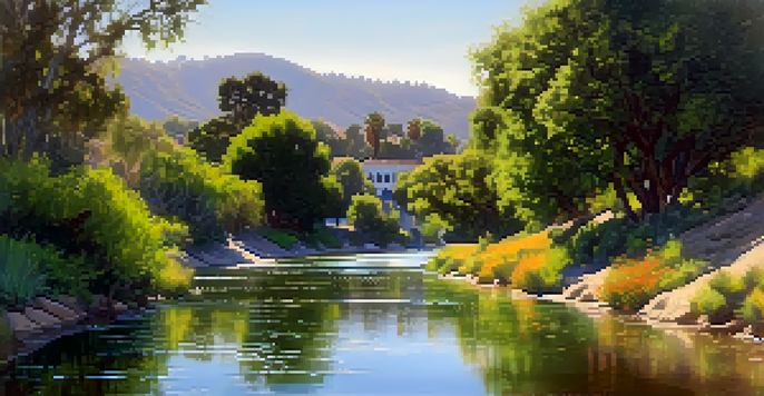 A peaceful scene of Arroyo Seco with greenery, wildflowers, and sunlight filtering through the trees, featuring Mission Revival architecture in the background.