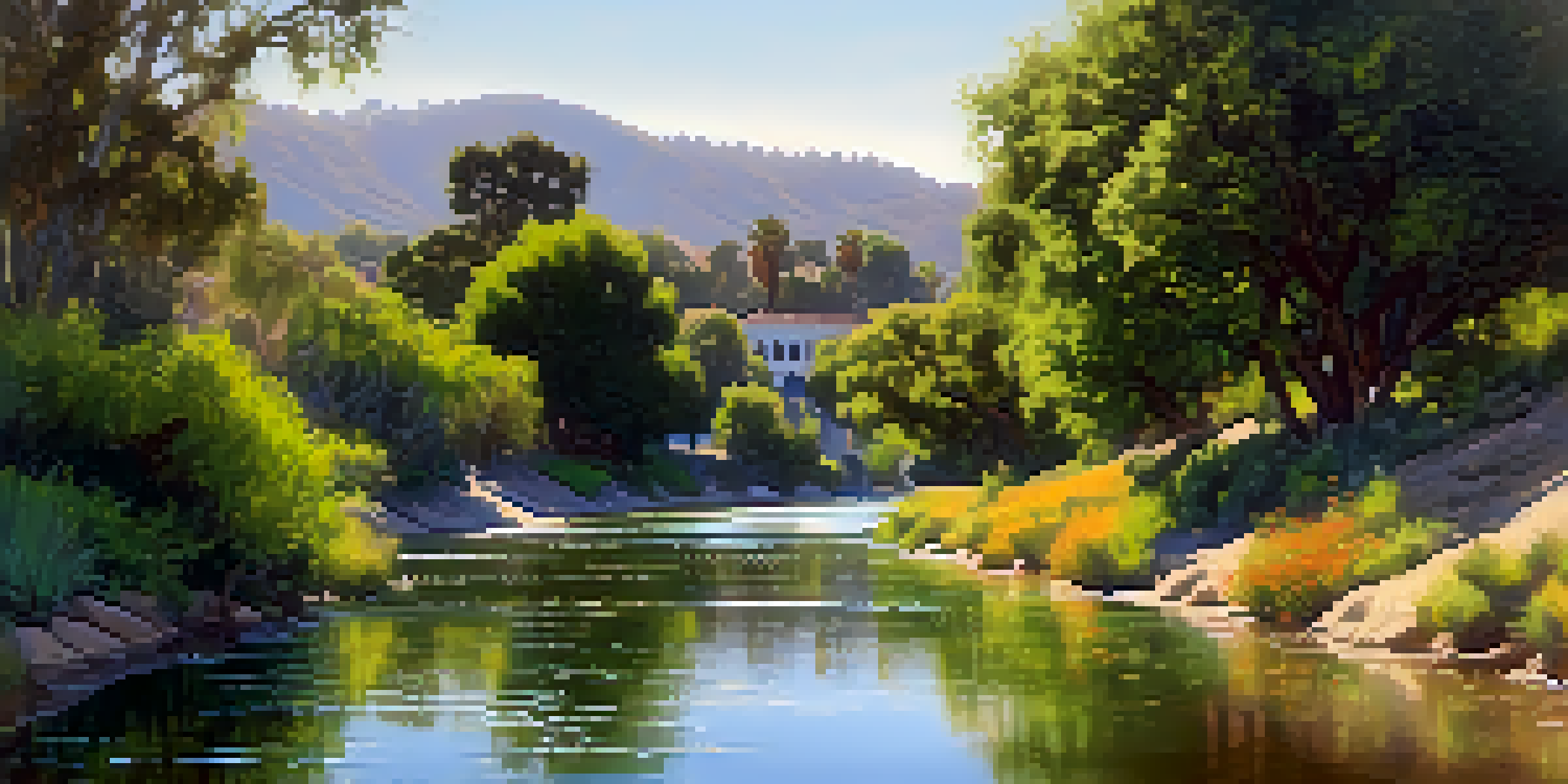 A peaceful scene of Arroyo Seco with greenery, wildflowers, and sunlight filtering through the trees, featuring Mission Revival architecture in the background.
