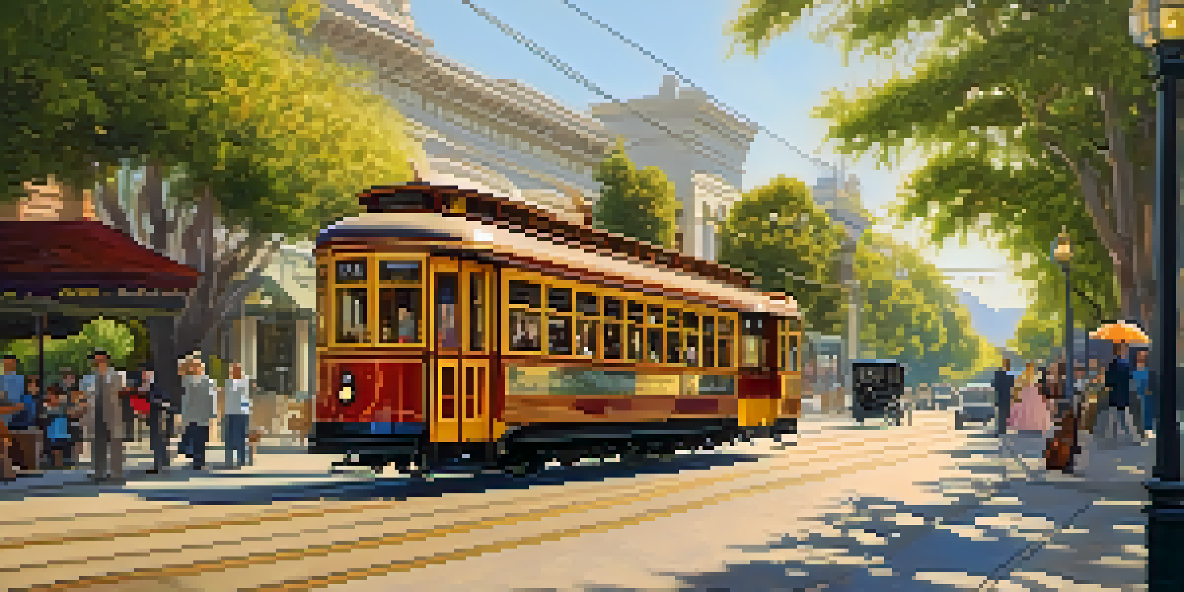 A vintage streetcar in Pasadena, with historic buildings and flowers, bathed in warm sunlight.