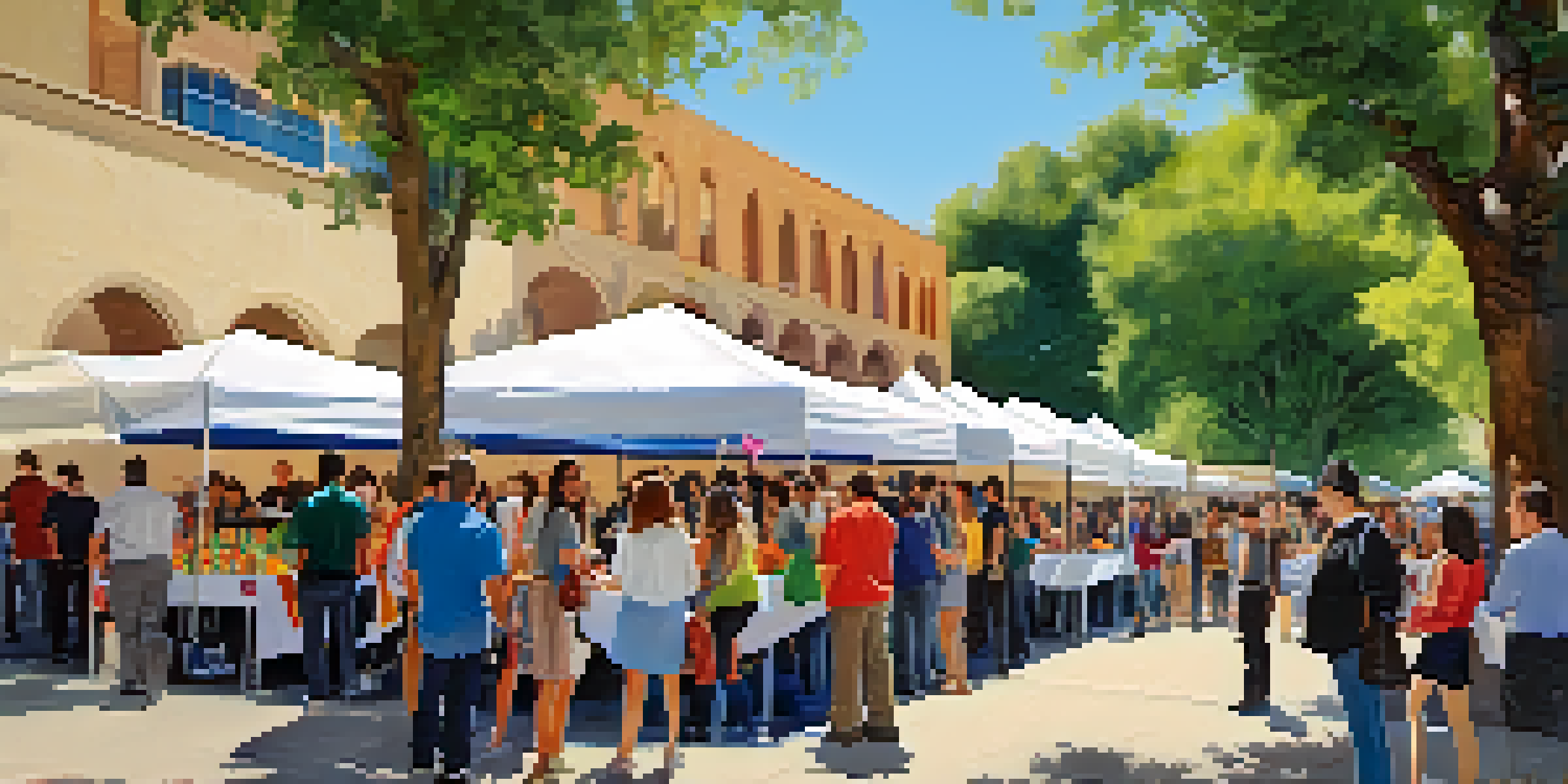 A lively outdoor community event at Pasadena City College with students and local business representatives engaging together.