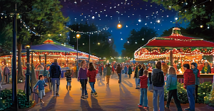 Families walking through a park decorated with thousands of twinkling lights, with children interacting with a large illuminated display.