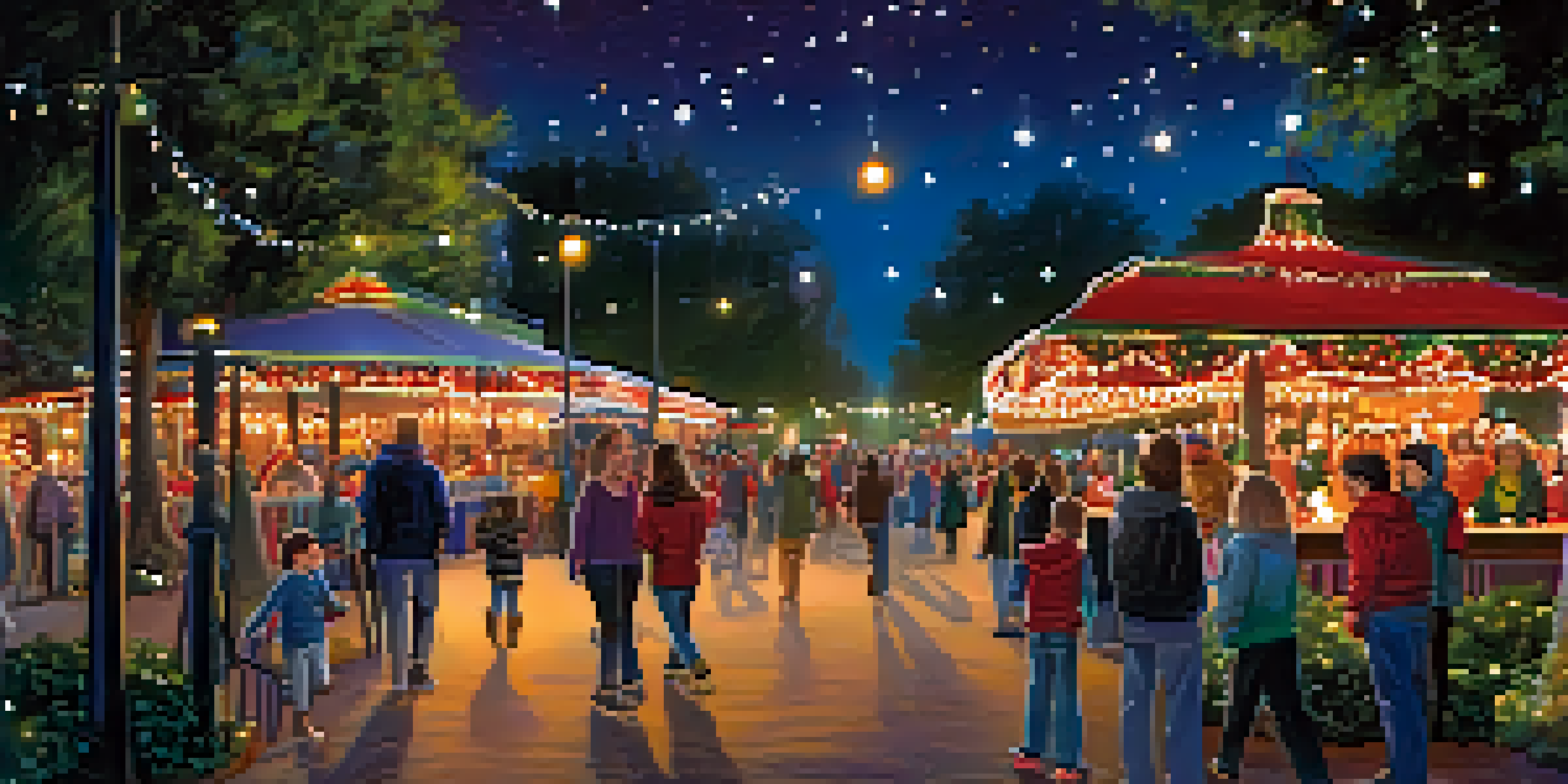 Families walking through a park decorated with thousands of twinkling lights, with children interacting with a large illuminated display.