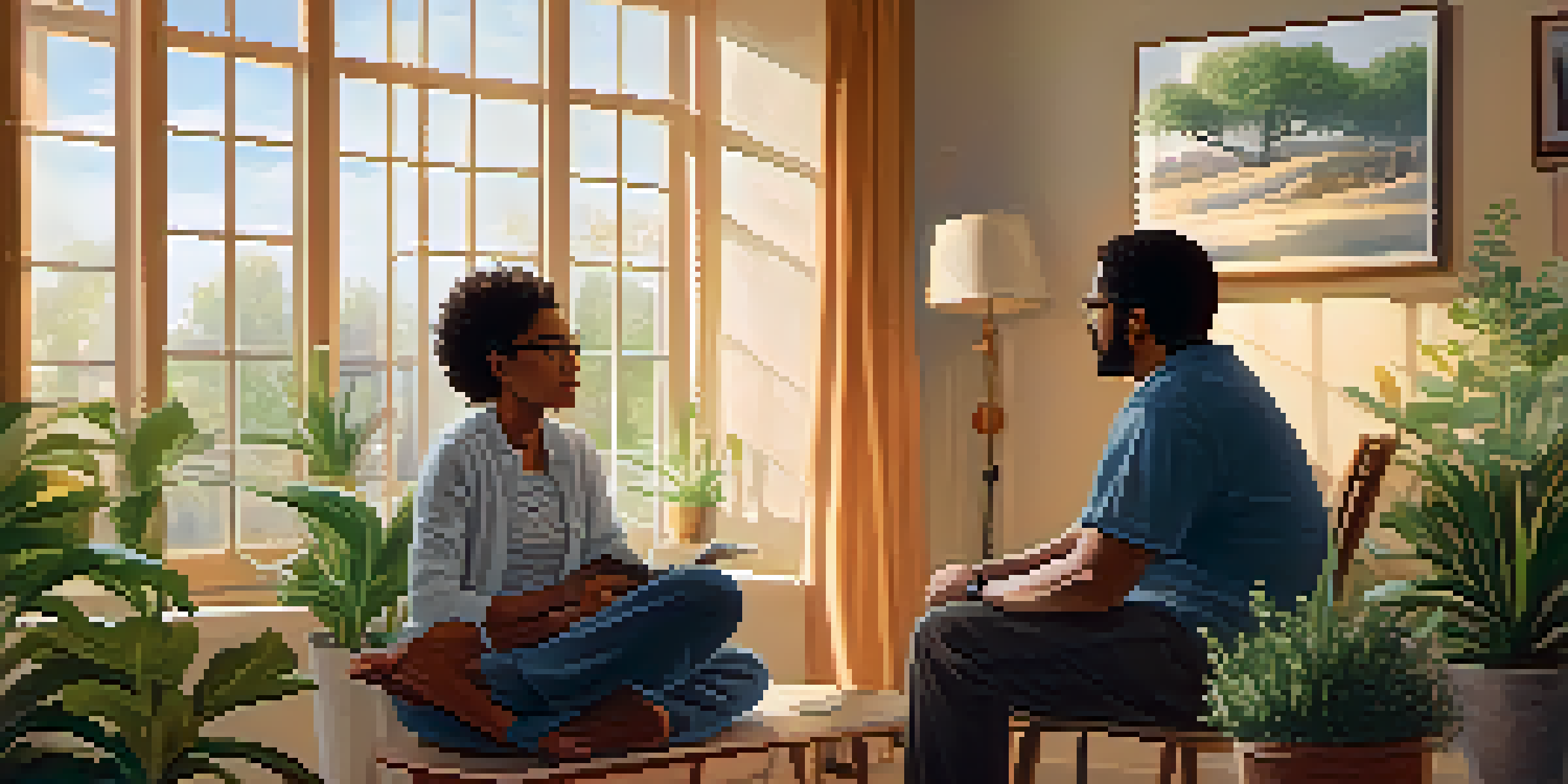 A cozy counseling room with a counselor and a young man engaged in conversation, surrounded by plants and calming artwork.