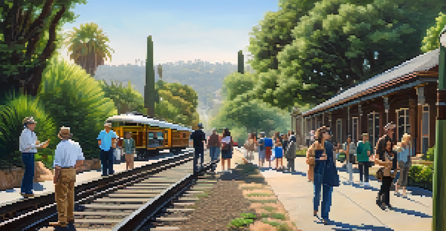 A diverse group of people on a walking tour exploring Pasadena's railroad heritage, with a guide pointing to historical markers by old railway tracks and vintage railcars in the background.