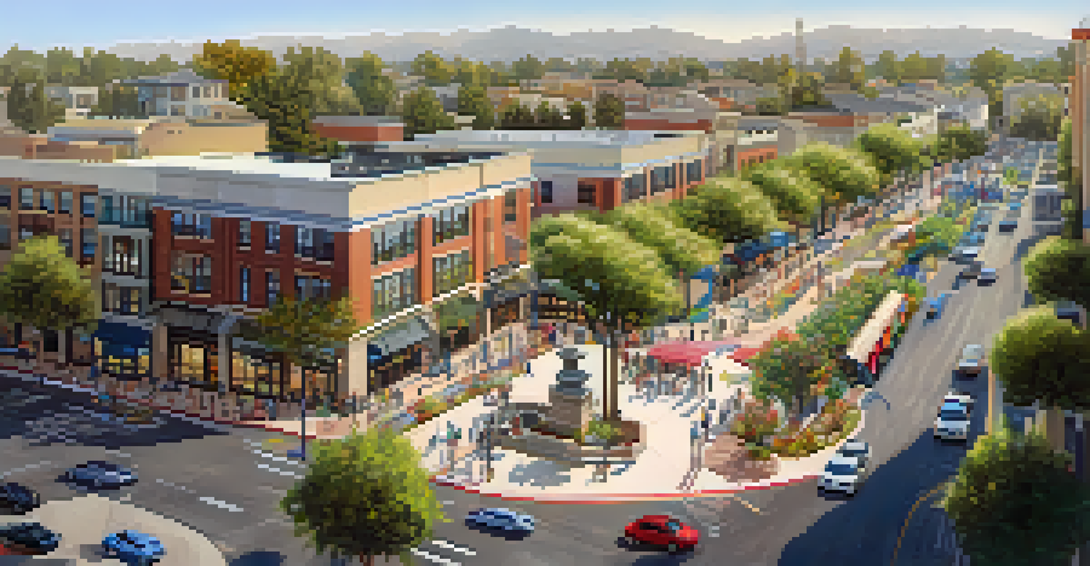 An aerial view of a vibrant transit-oriented development in Pasadena with mixed-use buildings, pedestrians, and greenery.