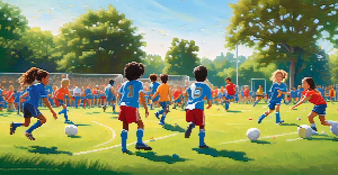 A lively youth soccer game in Pasadena with children playing on a green field and spectators cheering.