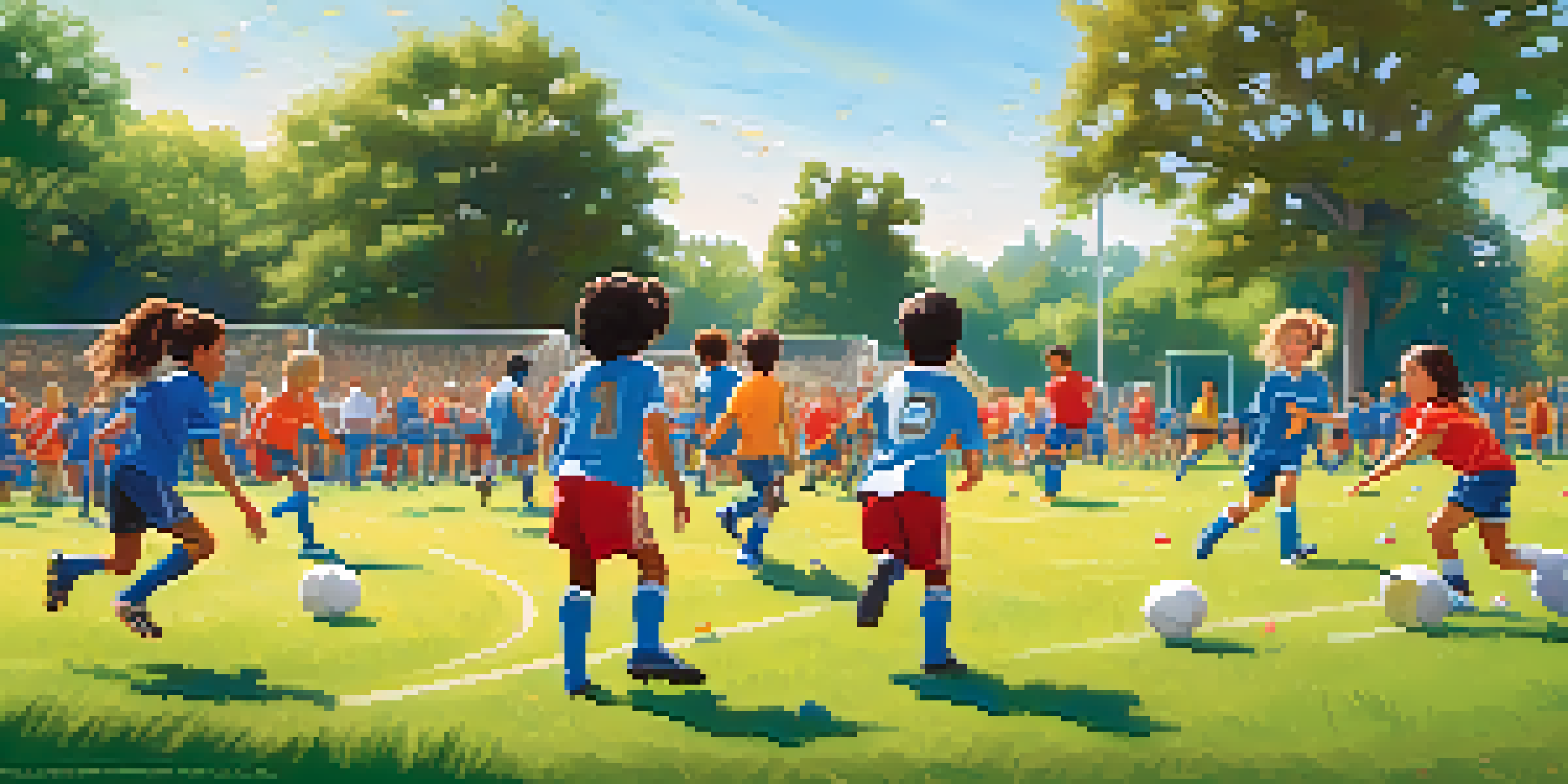 A lively youth soccer game in Pasadena with children playing on a green field and spectators cheering.