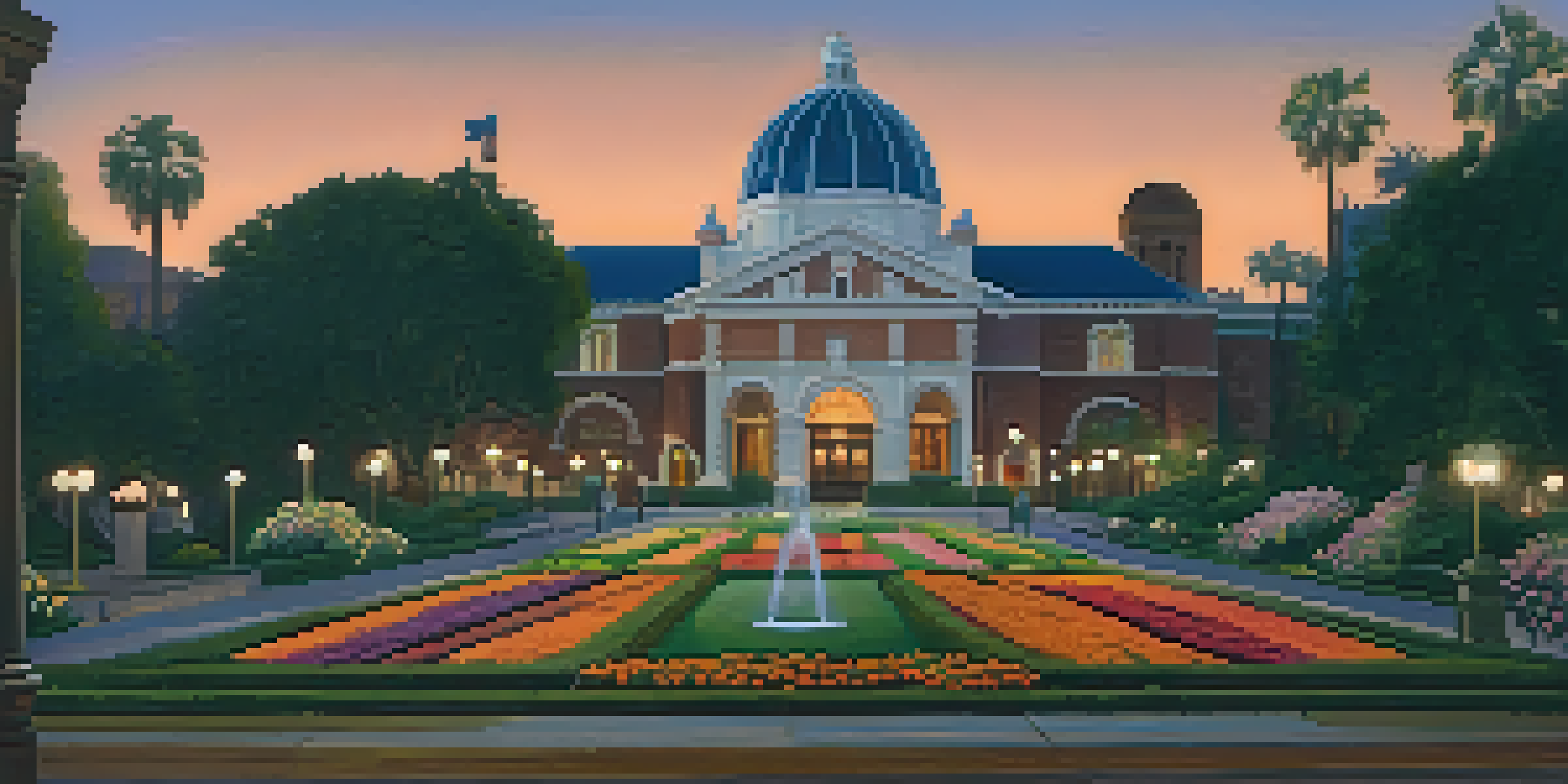 A scenic view of the Pasadena Playhouse at dusk, surrounded by colorful flowers and greenery under a transitioning sky.