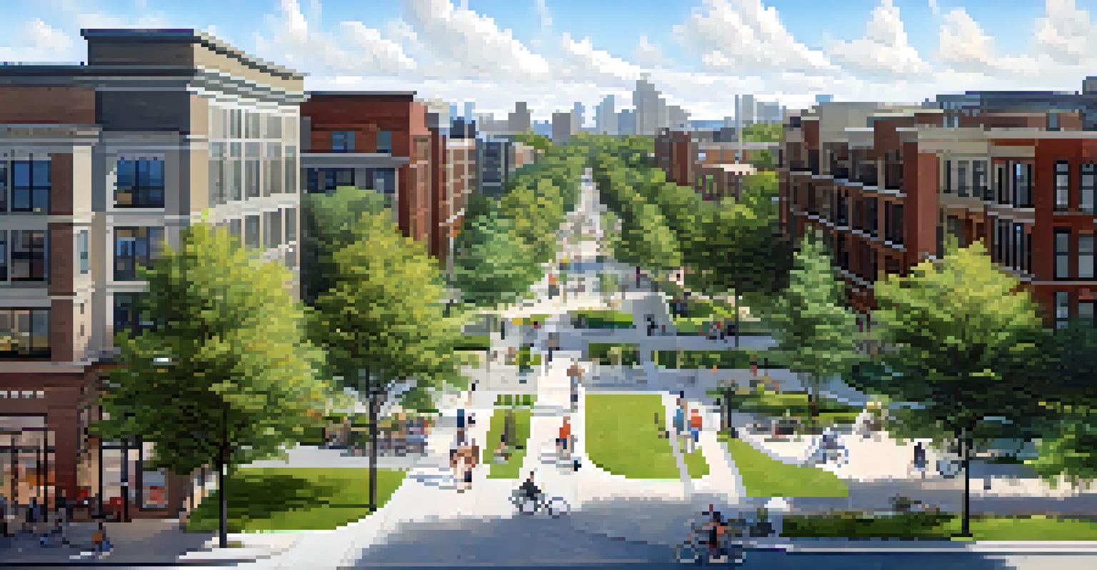 An aerial view of North Lake Avenue in Pasadena, featuring mixed-use developments, parks with families, and bike lanes under a clear blue sky.