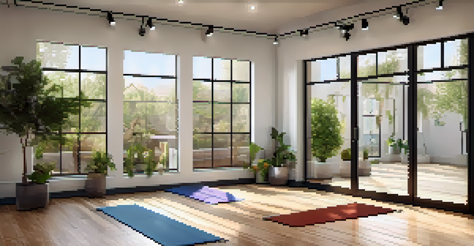 A cozy yoga studio interior with wooden floors, large windows, and calming decor, creating a serene environment for yoga practice.