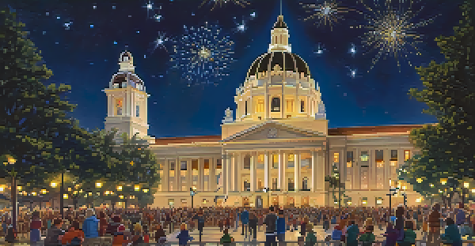 A vibrant view of Pasadena's City Hall adorned with sparkling lights, with a crowd of people enjoying the festive atmosphere.