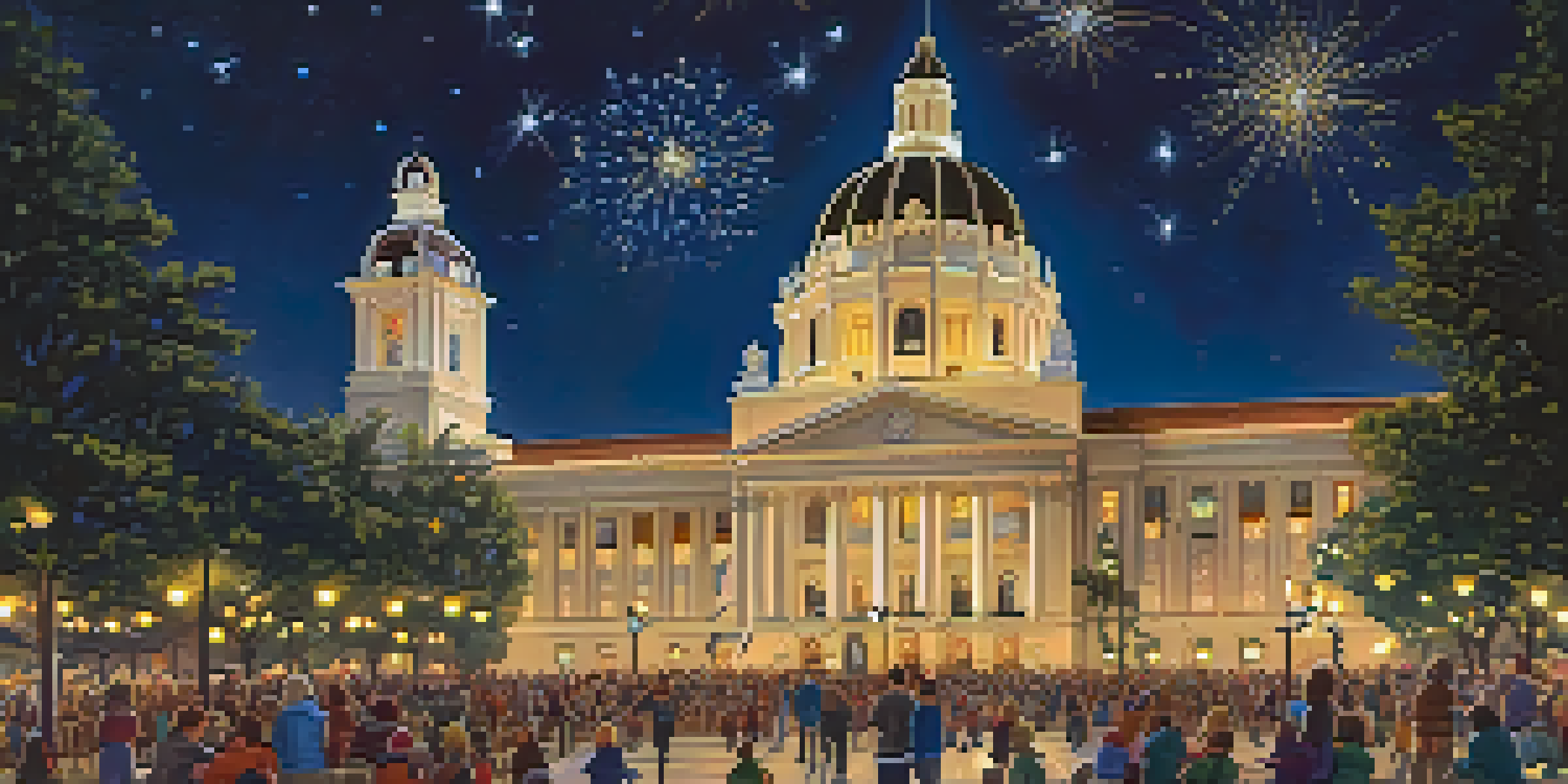 A vibrant view of Pasadena's City Hall adorned with sparkling lights, with a crowd of people enjoying the festive atmosphere.