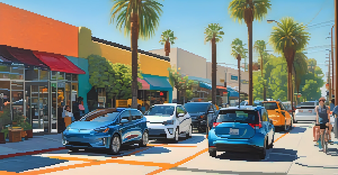 A lively street in Pasadena filled with electric vehicles and charging stations, surrounded by greenery and local shops, under a clear sky.