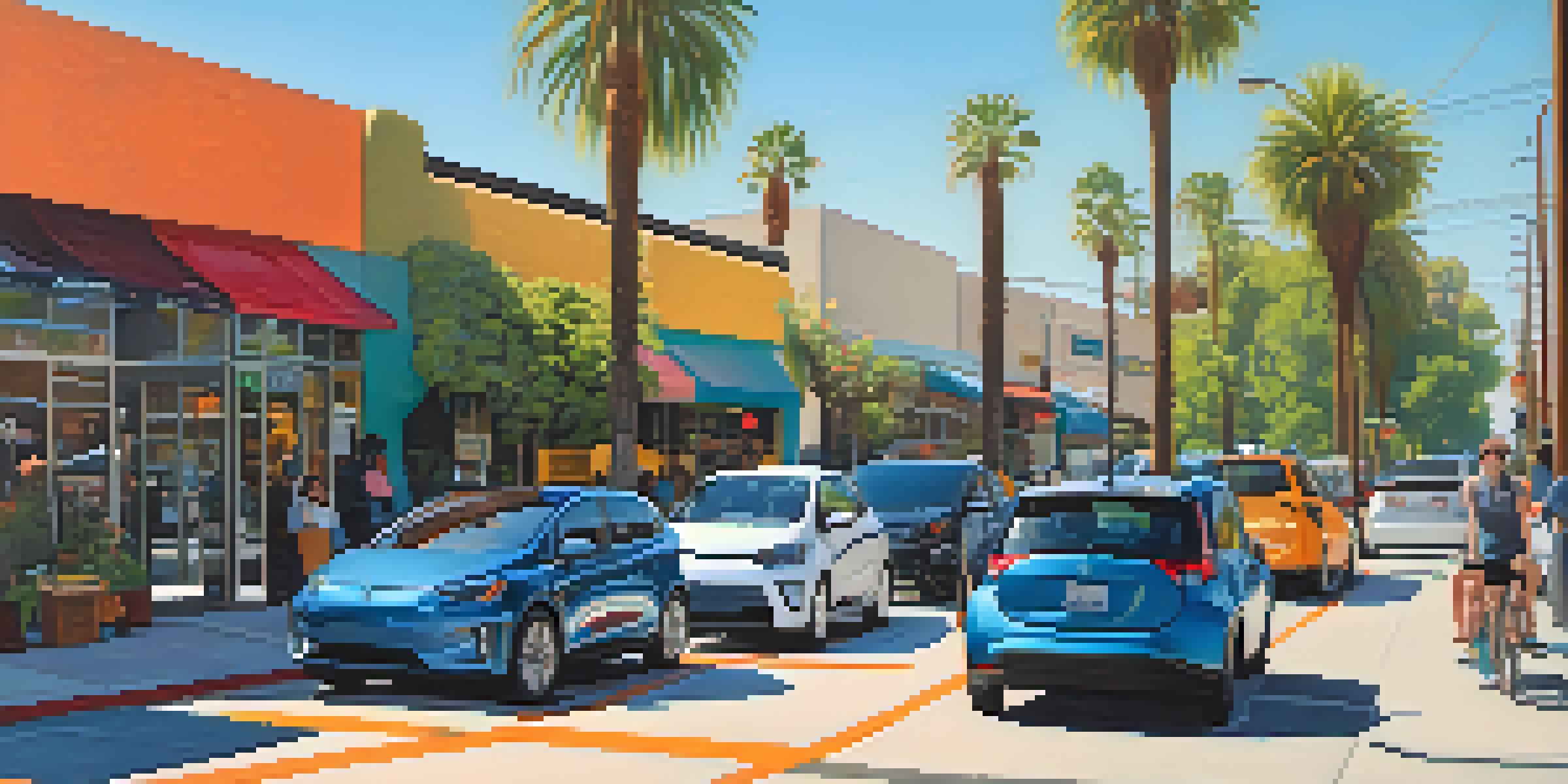 A lively street in Pasadena filled with electric vehicles and charging stations, surrounded by greenery and local shops, under a clear sky.