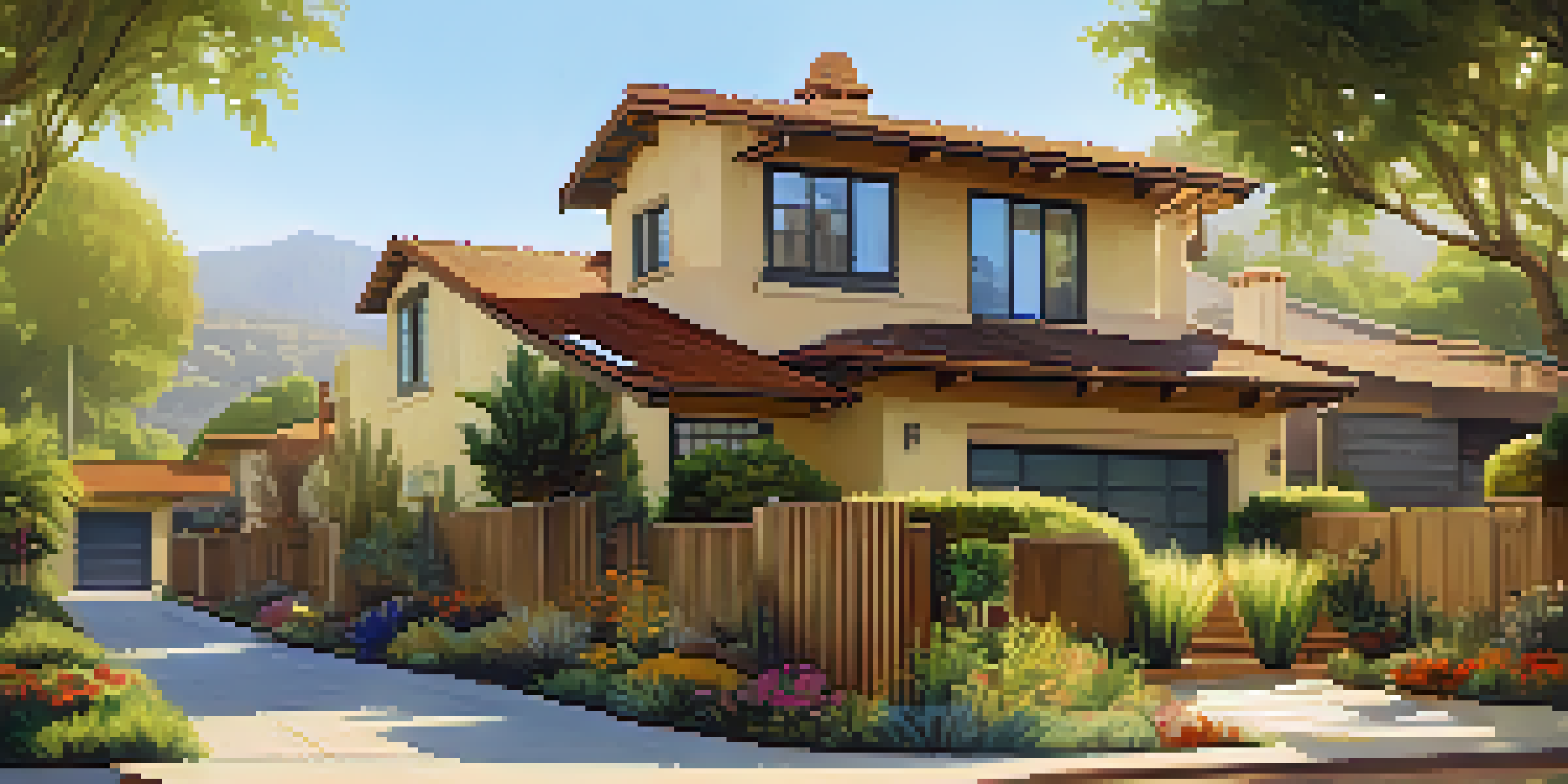 A sunny neighborhood in Pasadena with sustainable homes equipped with solar panels and surrounded by green gardens and trees.