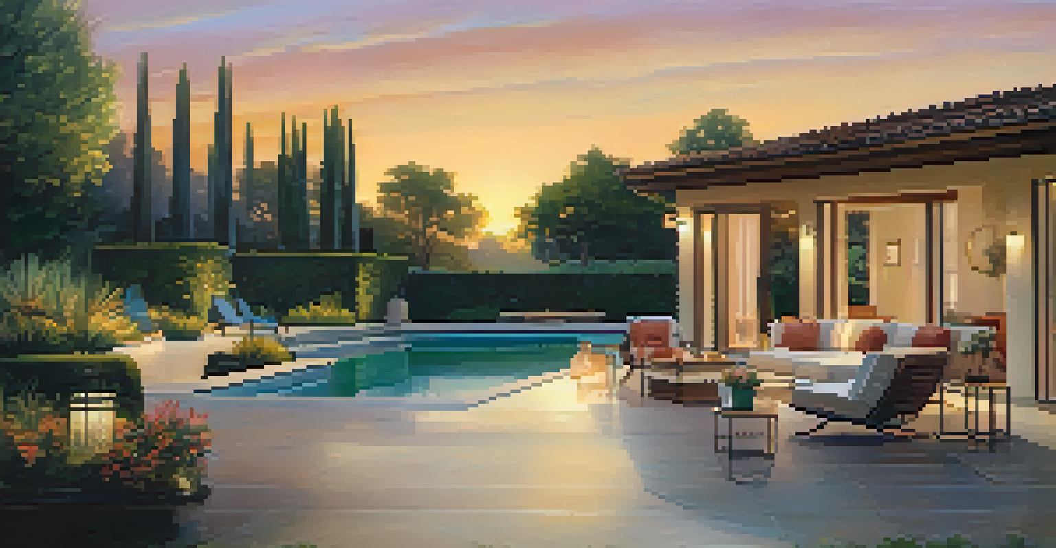 An outdoor living area of a luxury home in Pasadena with a patio, swimming pool, and sunset ambiance, surrounded by lush greenery.