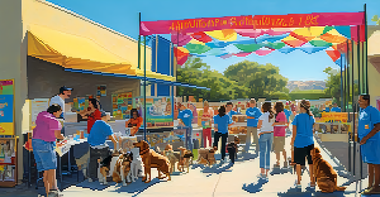 Volunteers organizing an outdoor adoption event at a Pasadena animal shelter, with colorful banners and families interacting with animals.