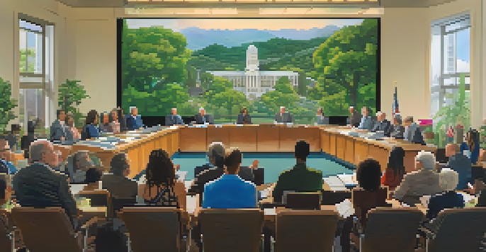 A city council meeting with diverse participants discussing budget allocations, with a large screen showing financial data and greenery outside.