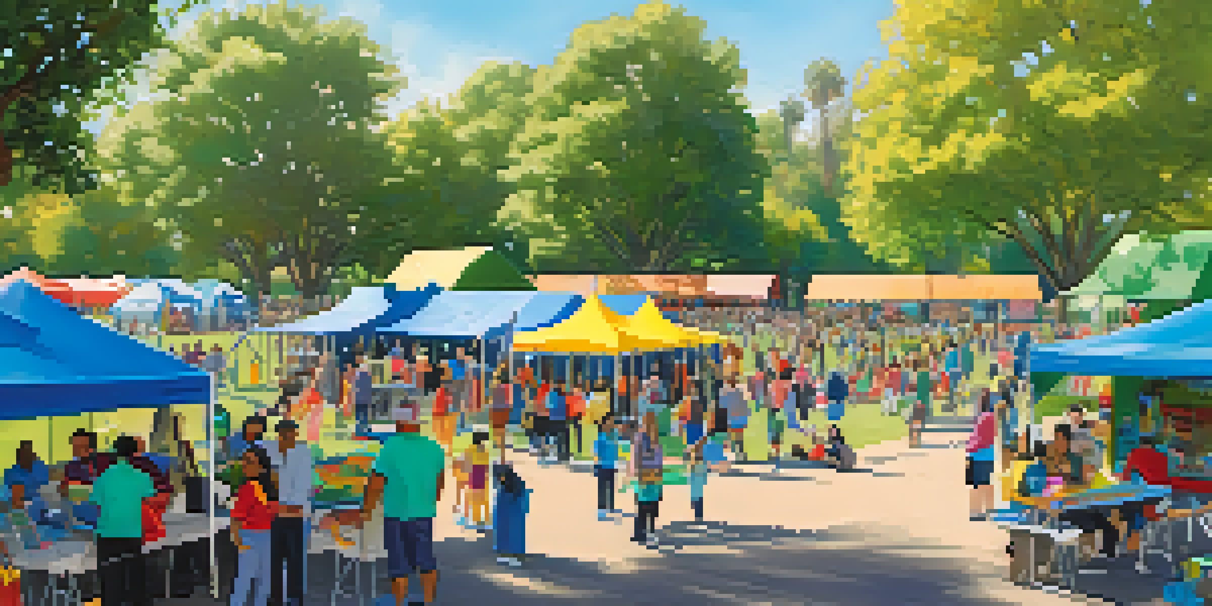 A lively mental health fair in a park, with people of various ages and ethnicities interacting at colorful booths under a clear blue sky.