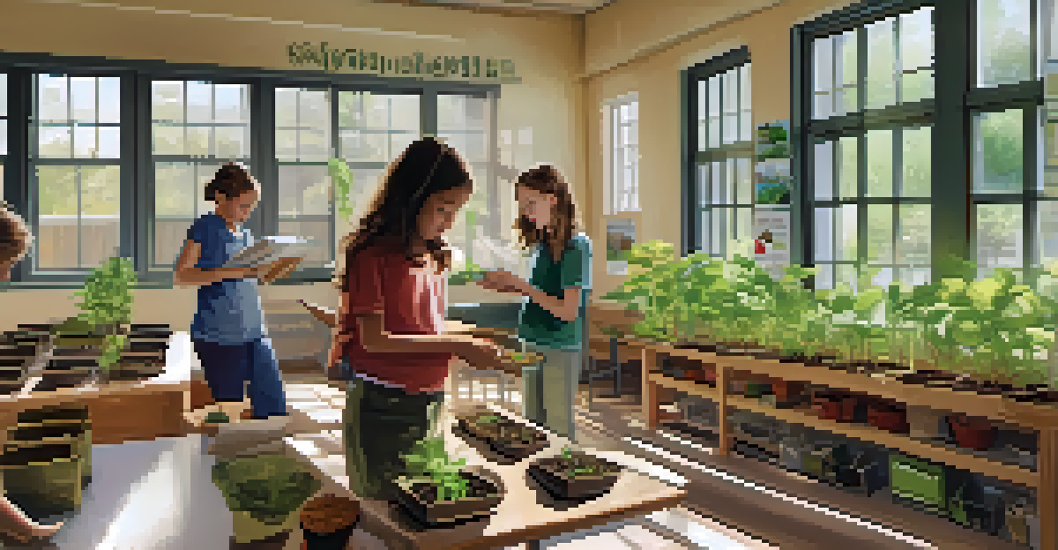 Students in a classroom planting seeds for a sustainability project, with educational posters and natural light.