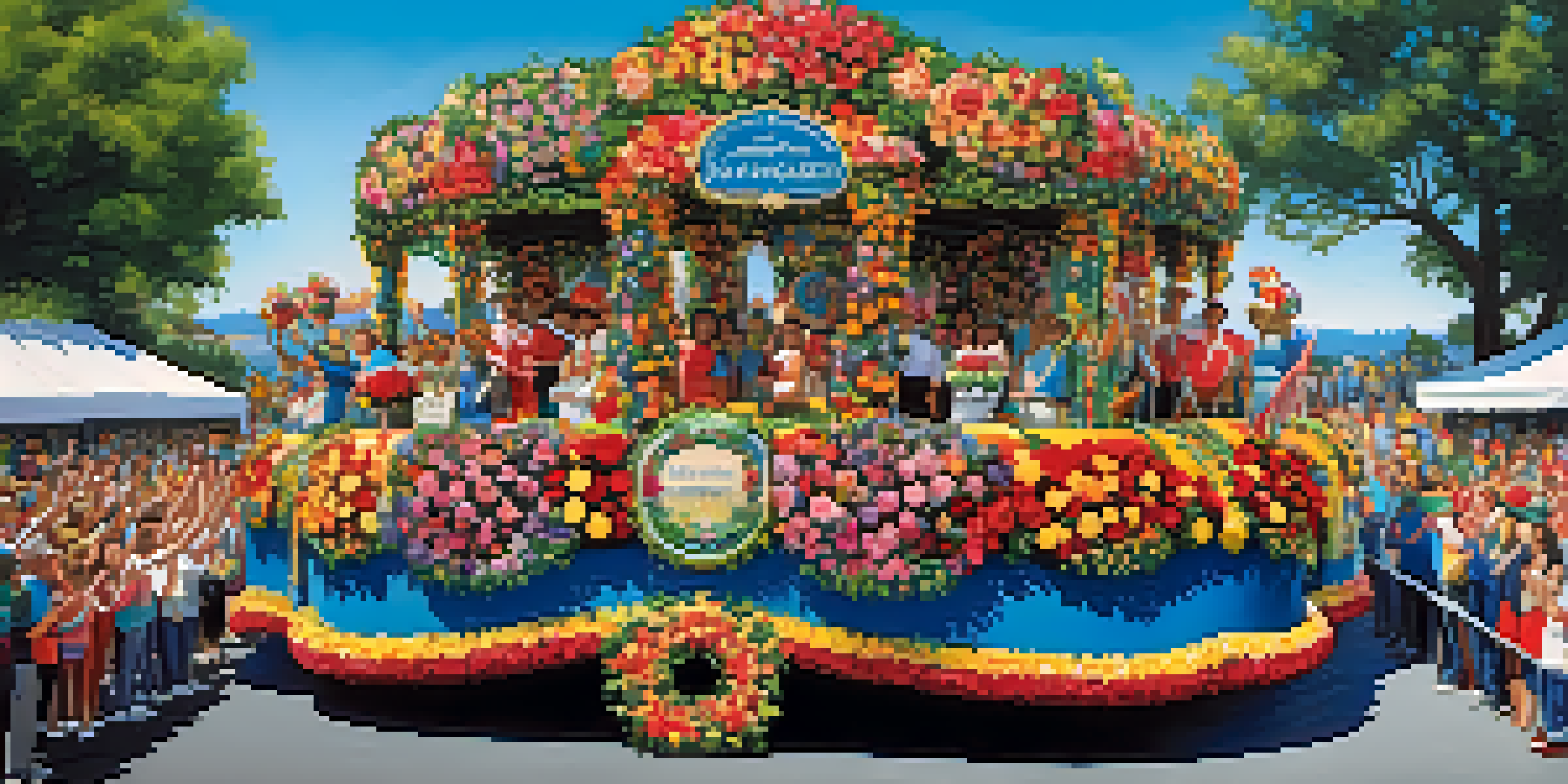 A colorful Rose Parade float decorated with flowers, surrounded by cheering spectators under a clear blue sky.