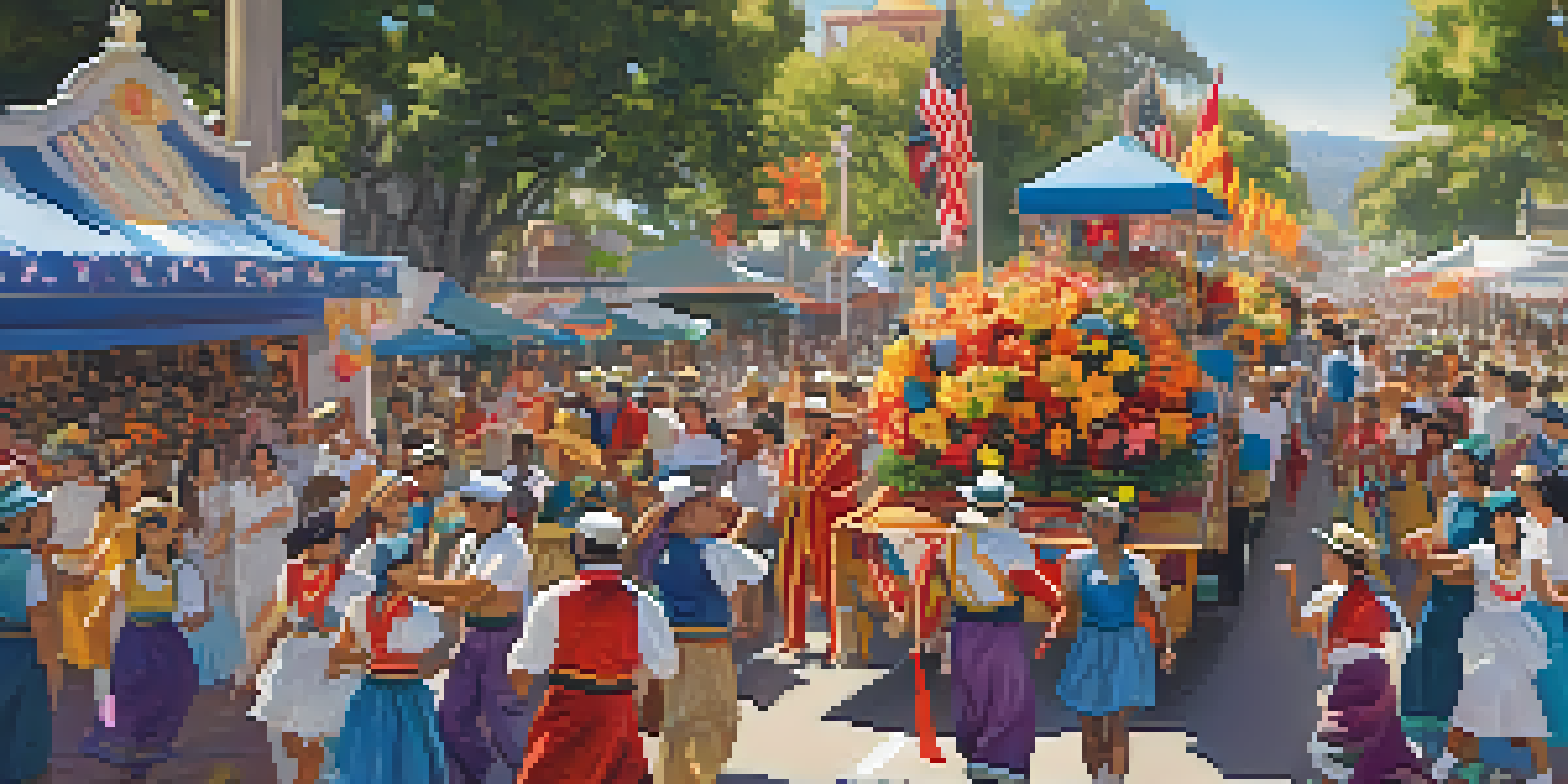 A lively heritage festival parade in Pasadena with colorful floats and people in traditional costumes dancing amidst a cheerful crowd.