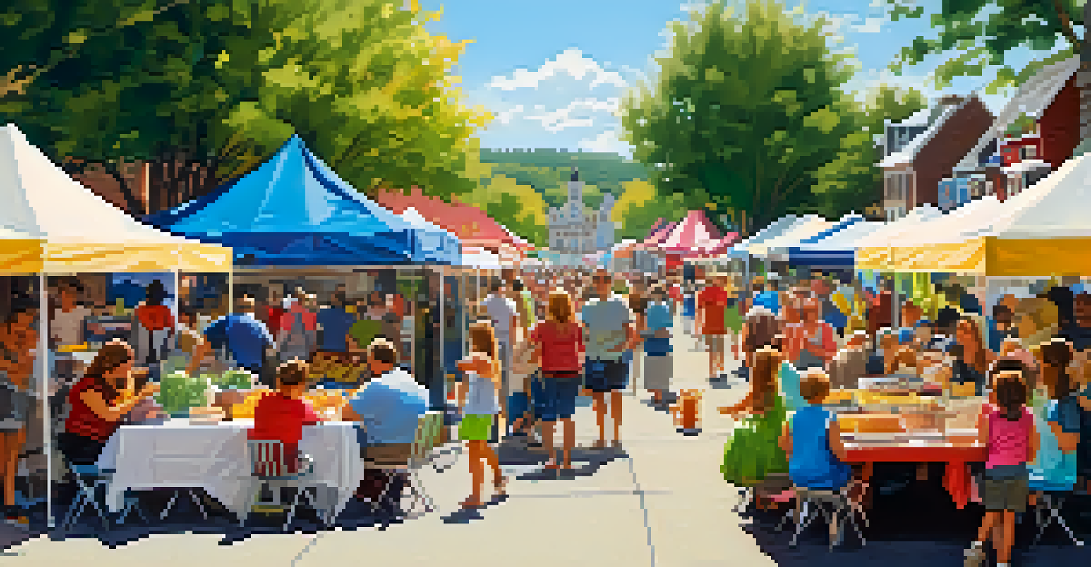 Families at a craft fair enjoying a variety of local food options under a clear blue sky.