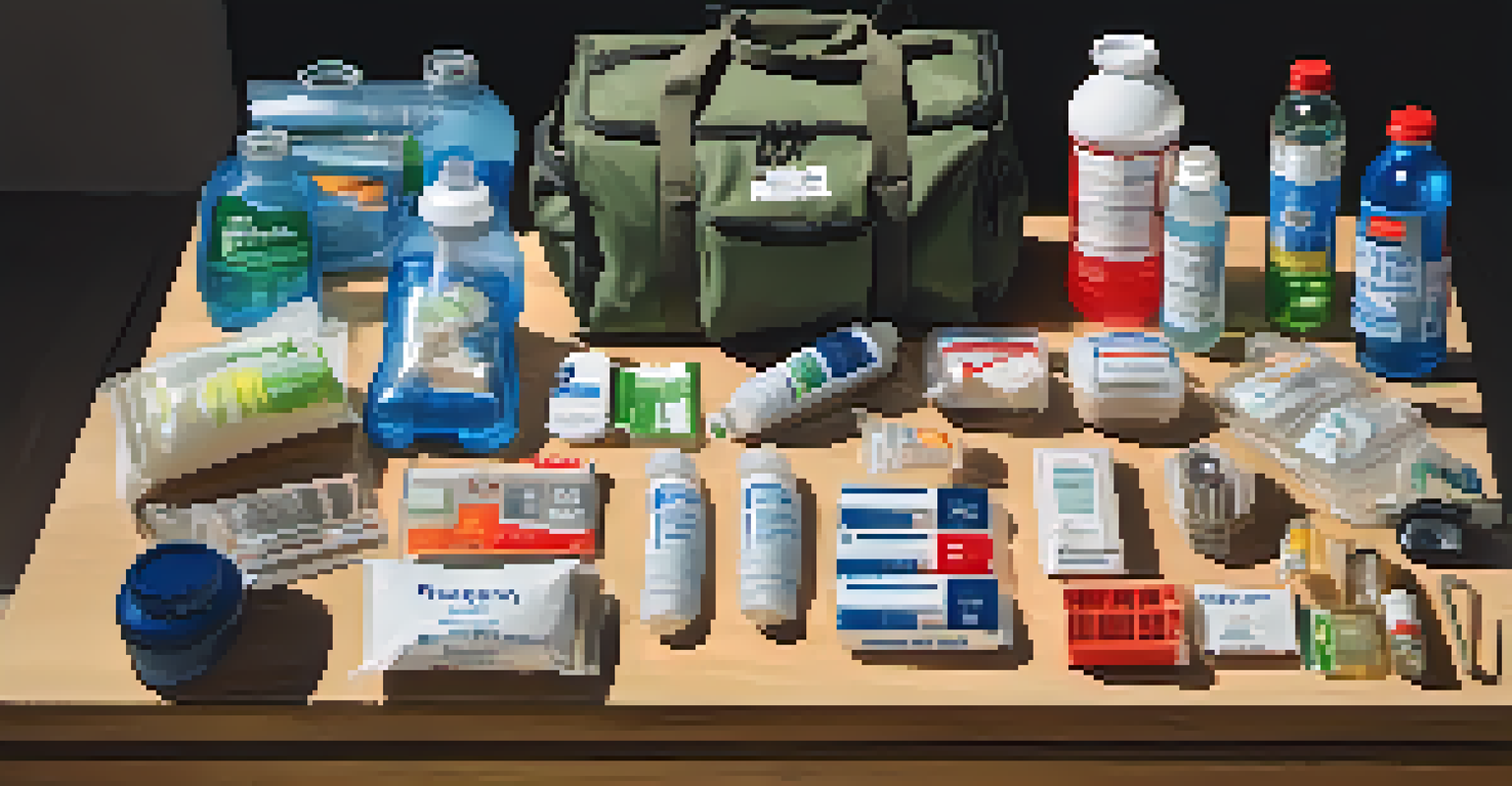 An organized emergency kit with essential items like water, food, and a flashlight displayed on a table.