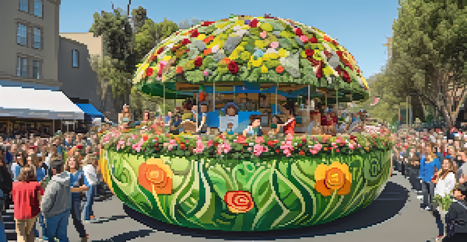 An eco-friendly float designed as a green forest with recycled materials, showcasing flowers and trees, promoting sustainability in the Rose Parade.