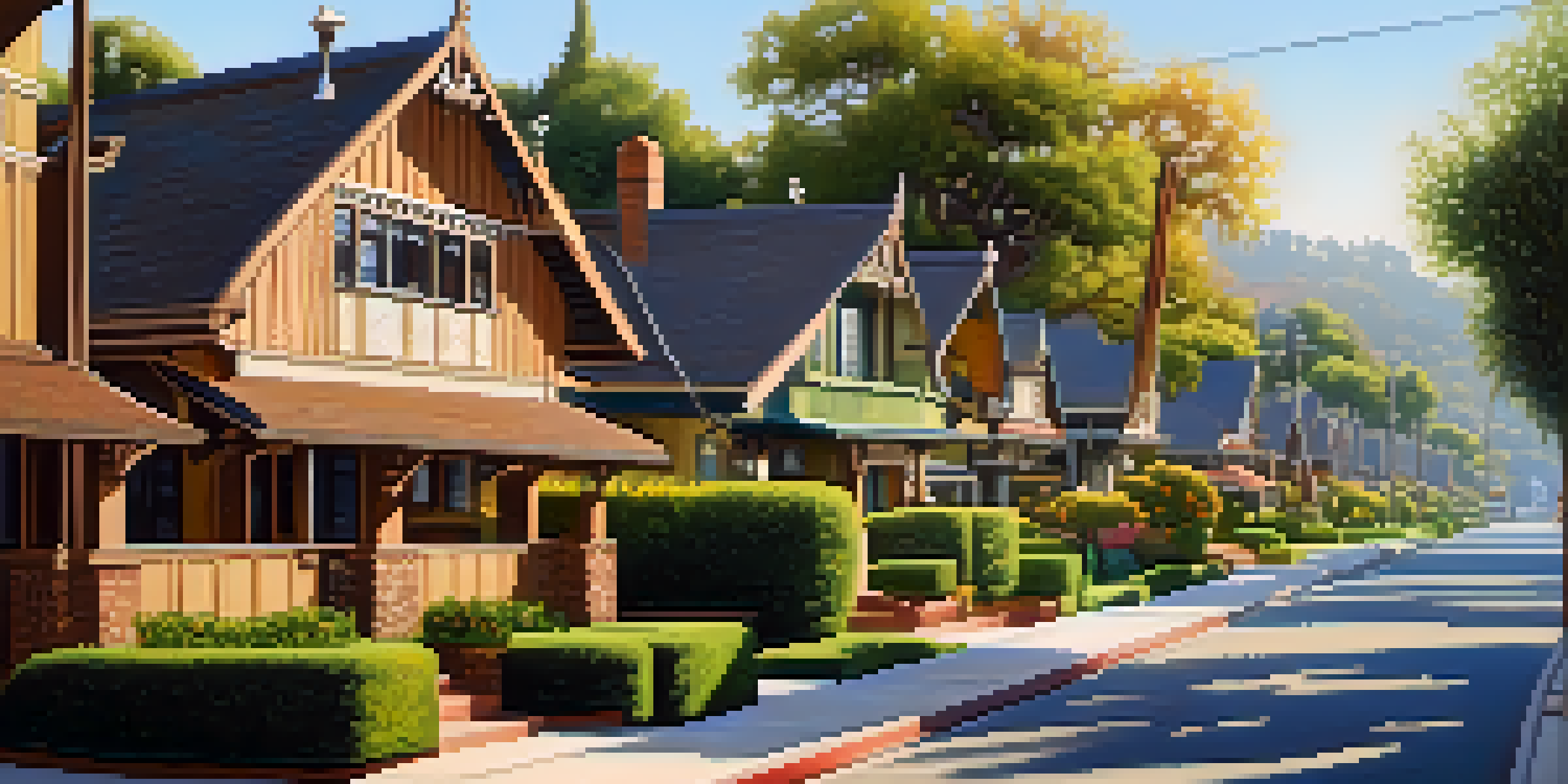 A street view of Craftsman-style homes in Pasadena, featuring wooden architecture and sunny weather.