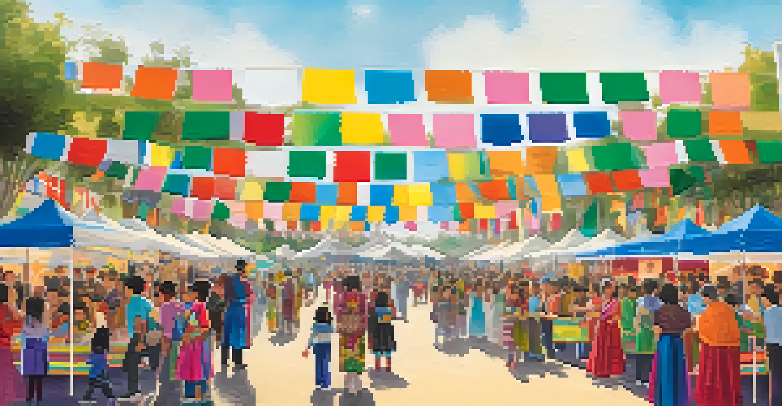 A school cultural fair with students in traditional costumes showcasing their heritage, families enjoying food and crafts under colorful banners.