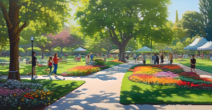 A lively park in Pasadena filled with diverse trees, sunlight filtering through the leaves, and people enjoying outdoor activities.
