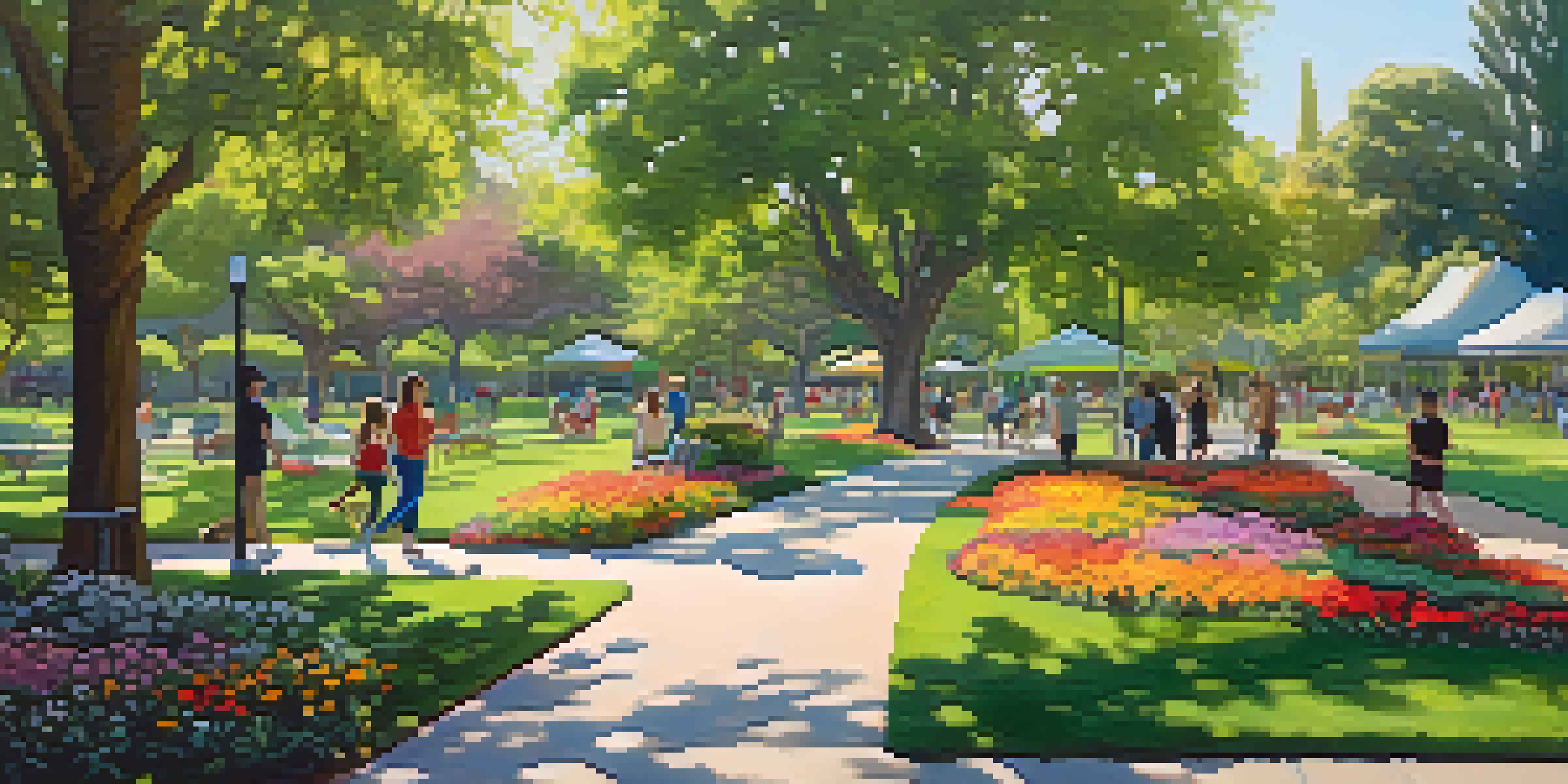 A lively park in Pasadena filled with diverse trees, sunlight filtering through the leaves, and people enjoying outdoor activities.