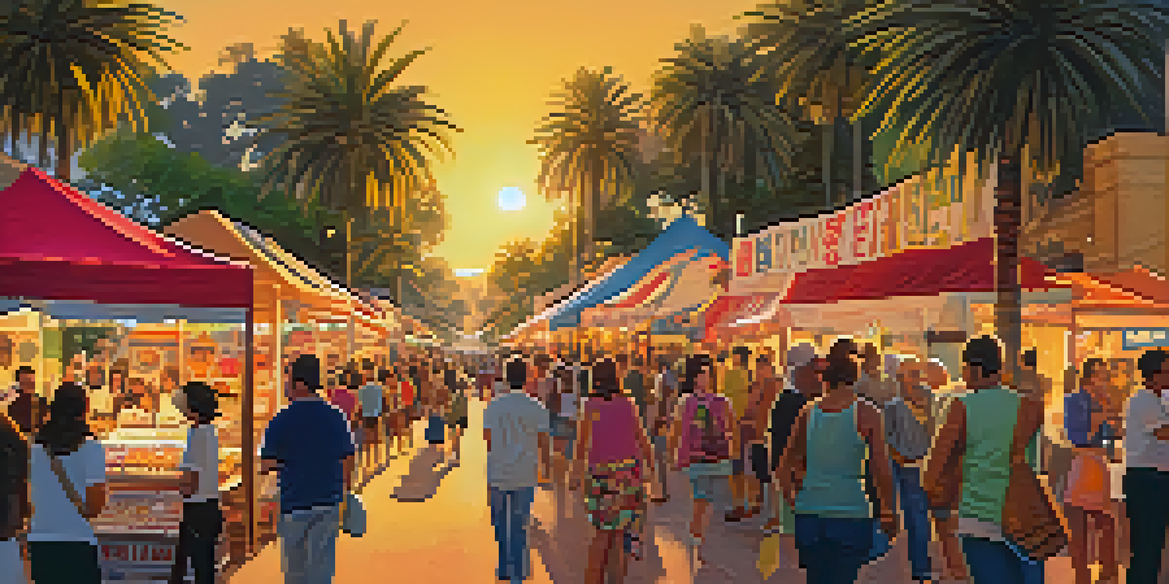 A lively street scene at the Pasadena Film Festival with diverse attendees, palm trees, colorful banners, and food stalls under a warm sunset.
