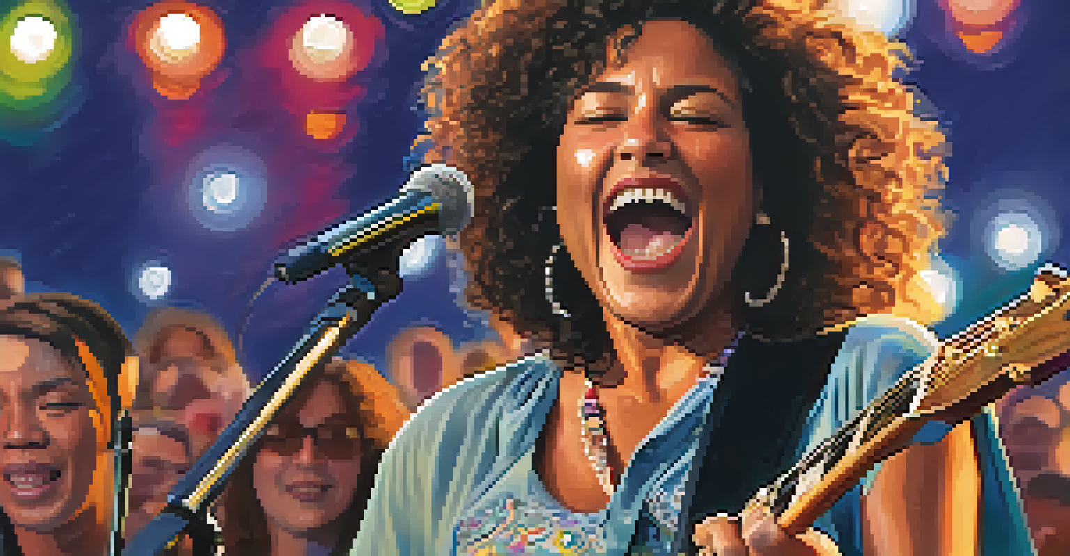 A local female artist performing passionately with a guitar at a music festival.