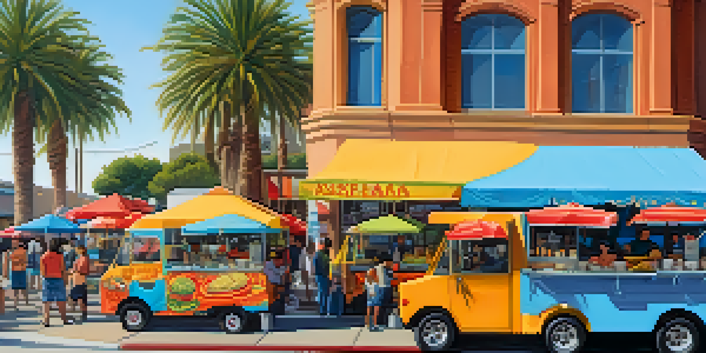 A lively street food scene in Pasadena with colorful food trucks and diverse people enjoying various dishes.