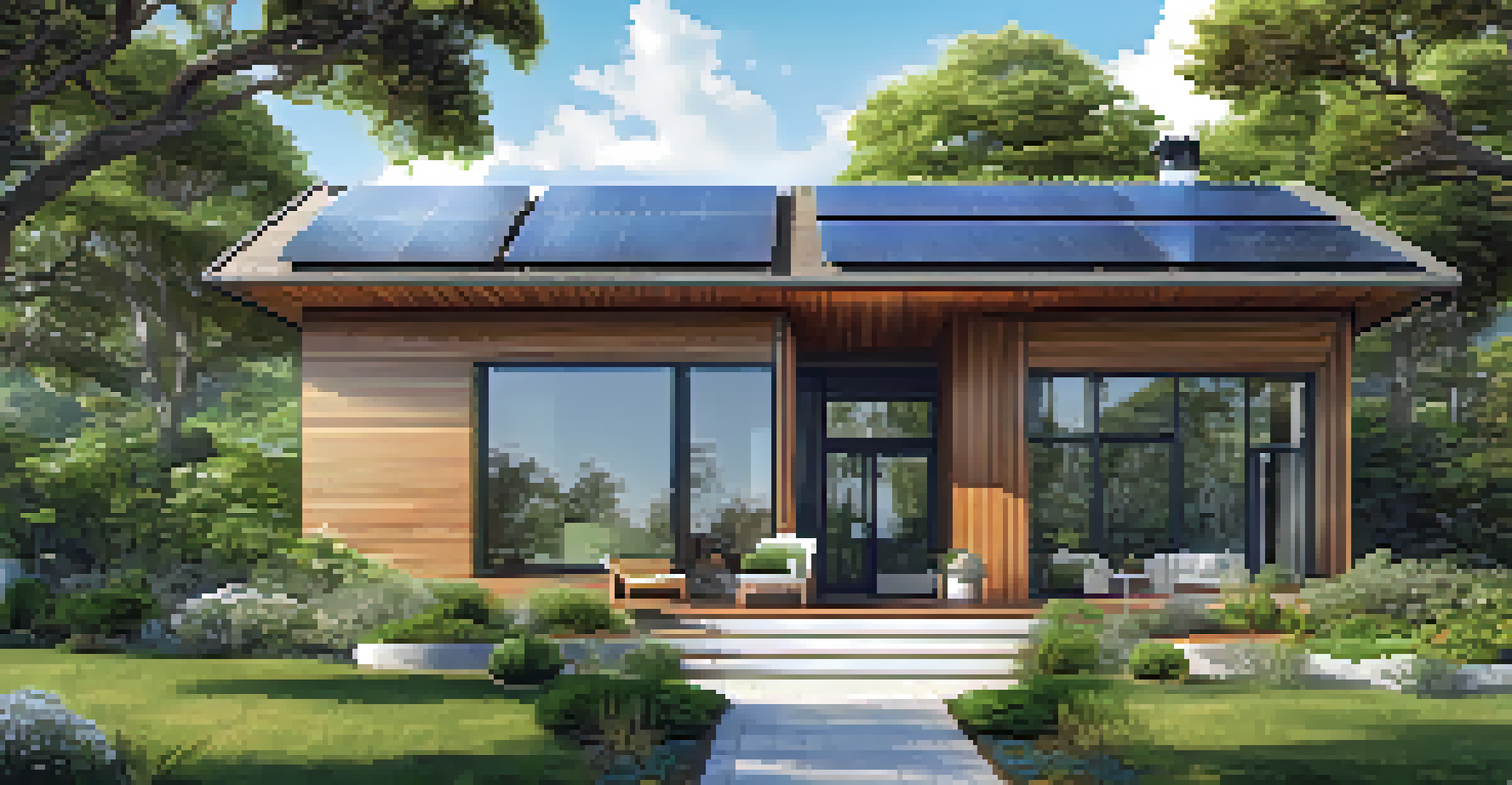 A sustainable house with solar panels and a beautiful garden, highlighting eco-friendly living.