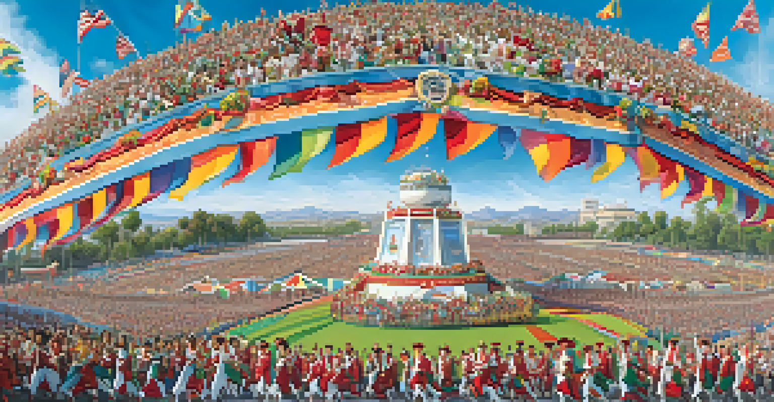 A panoramic view of performers in traditional costumes dancing at the Rose Parade, with marching bands and excited spectators in the background under a clear sky.