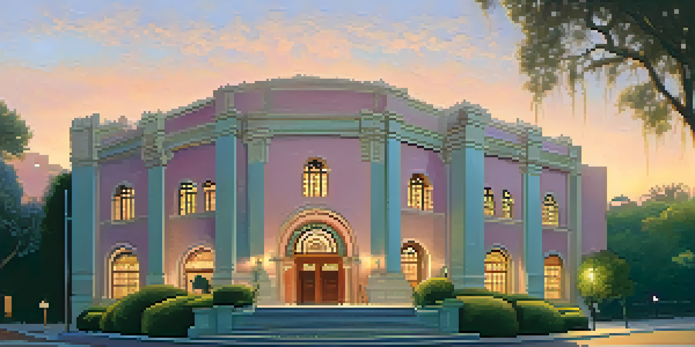 A historic theater, Pasadena Playhouse, lit up at dusk with elegant architecture and a colorful sky.