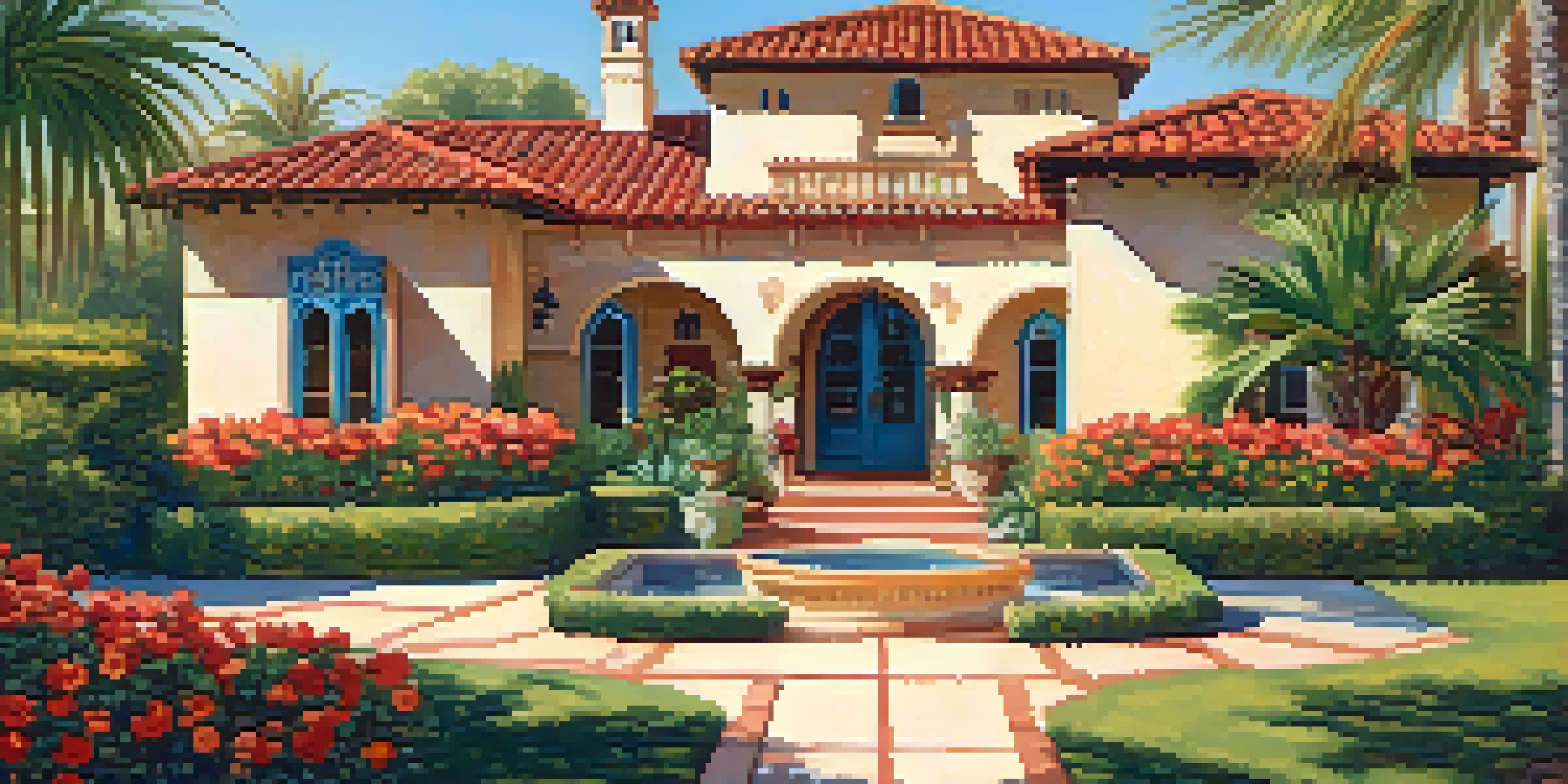 A beautiful Spanish Colonial Revival home with a red-tiled roof and arched doorways, surrounded by colorful gardens and palm trees.