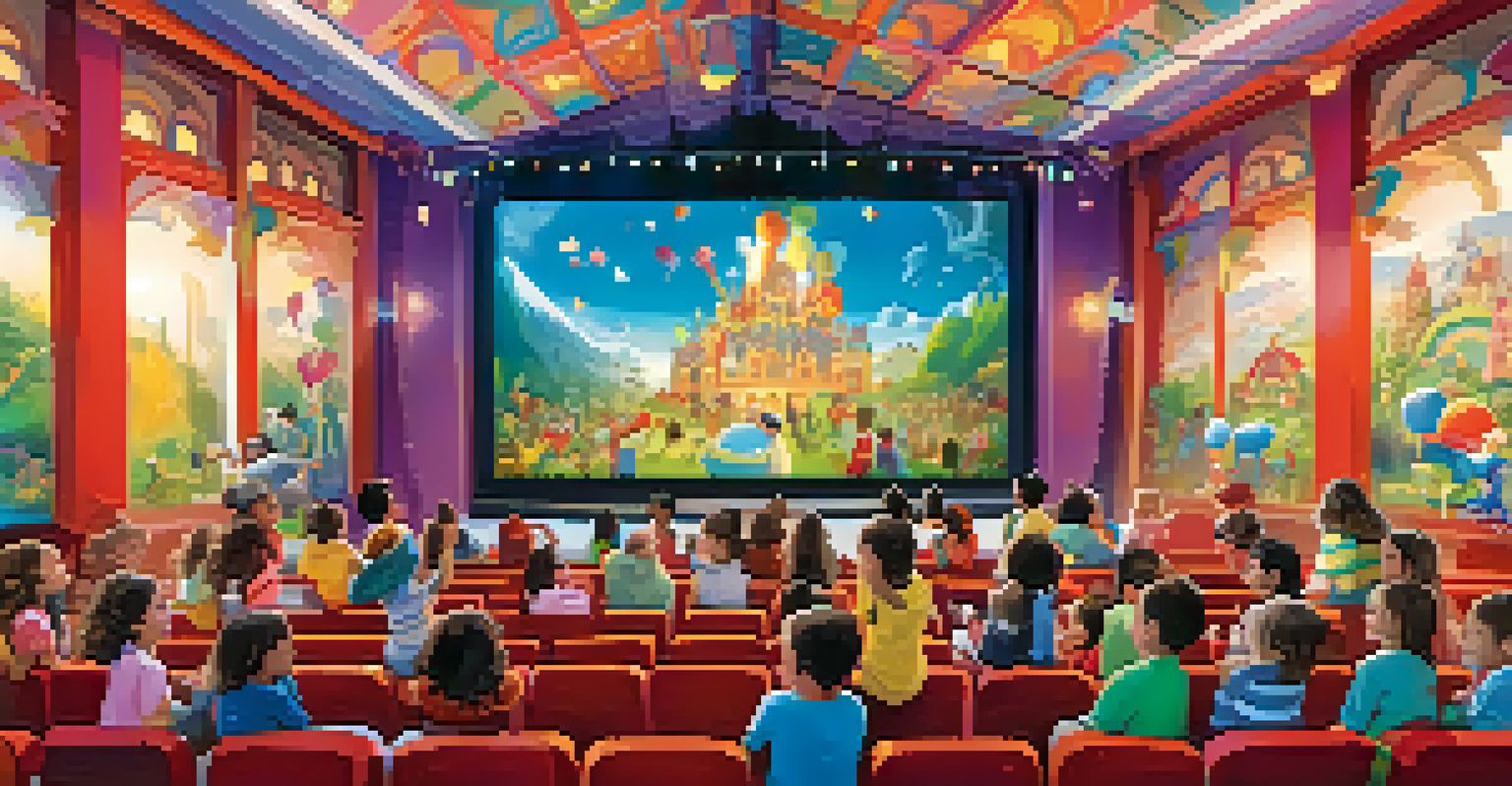 Children enjoying animated films at the Children's Film Festival, surrounded by vibrant decorations and whimsical art.