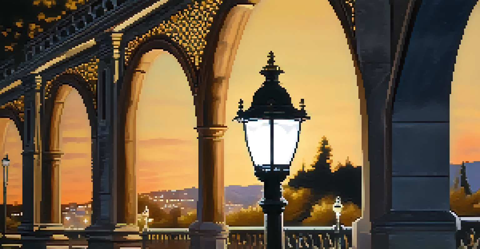 A close-up of a vintage lamp post on the Colorado Street Bridge shining warmly at dusk.