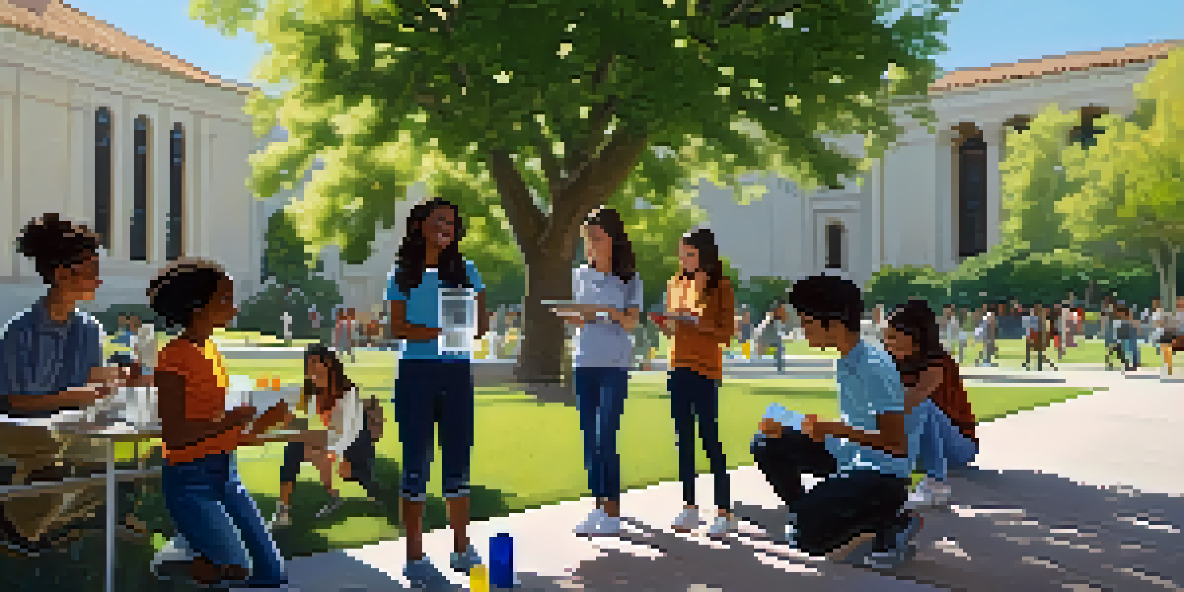 A diverse group of students conducting a science experiment outdoors at Caltech, with flowers and modern buildings in the background.
